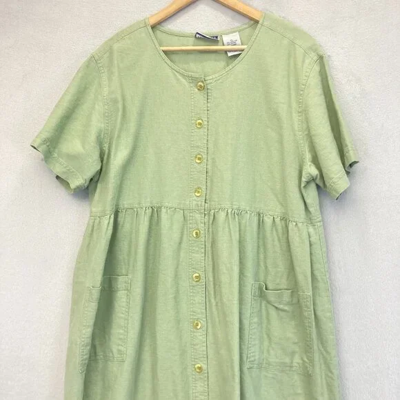 Vintage Erika Button Up Linen Blend Midi Dress Womens XL Western Green Prairie - Picture 3 of 13